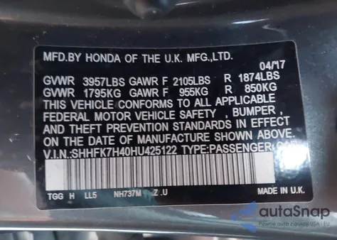 2017 Honda Civic Sport z USA, uszkodzony, nr VIN SHHFK7H40HU425122